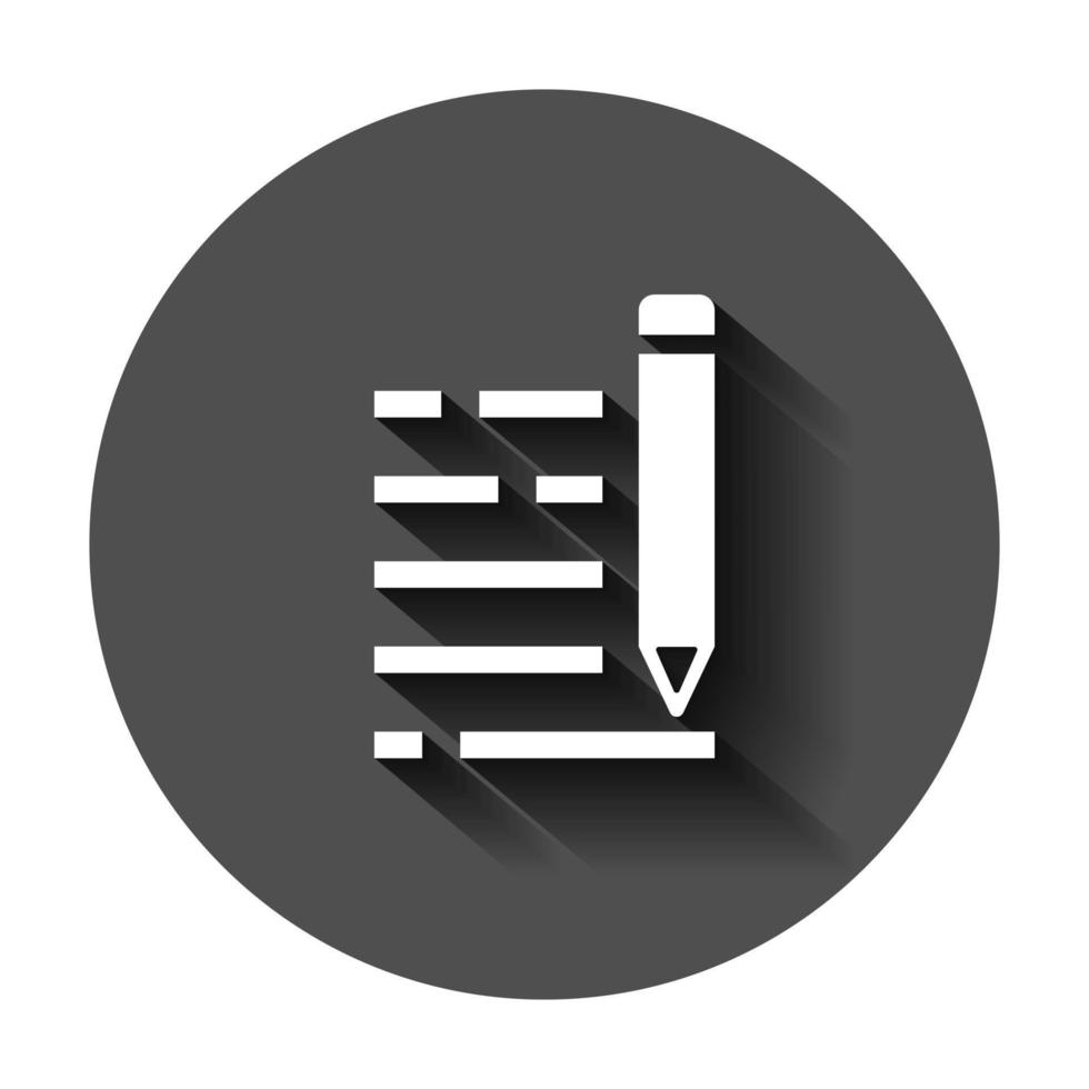 Pencil notepad icon in flat style. Document write vector illustration on black round background with long shadow. Pen drawing business concept.