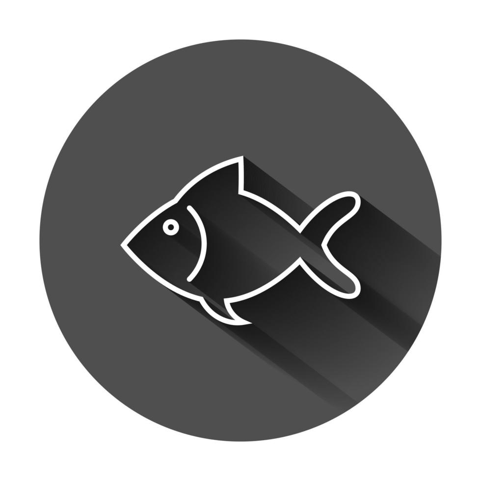 Fish sign icon in flat style. Goldfish vector illustration on black round background with long shadow. Seafood business concept.