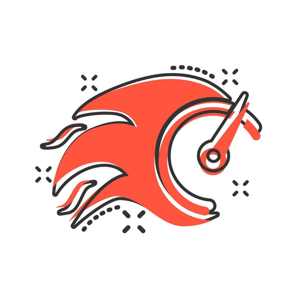 Flaming speedometer sign icon in comic style. Accelerate vector cartoon illustration on white isolated background. Motion tachometer business concept splash effect.