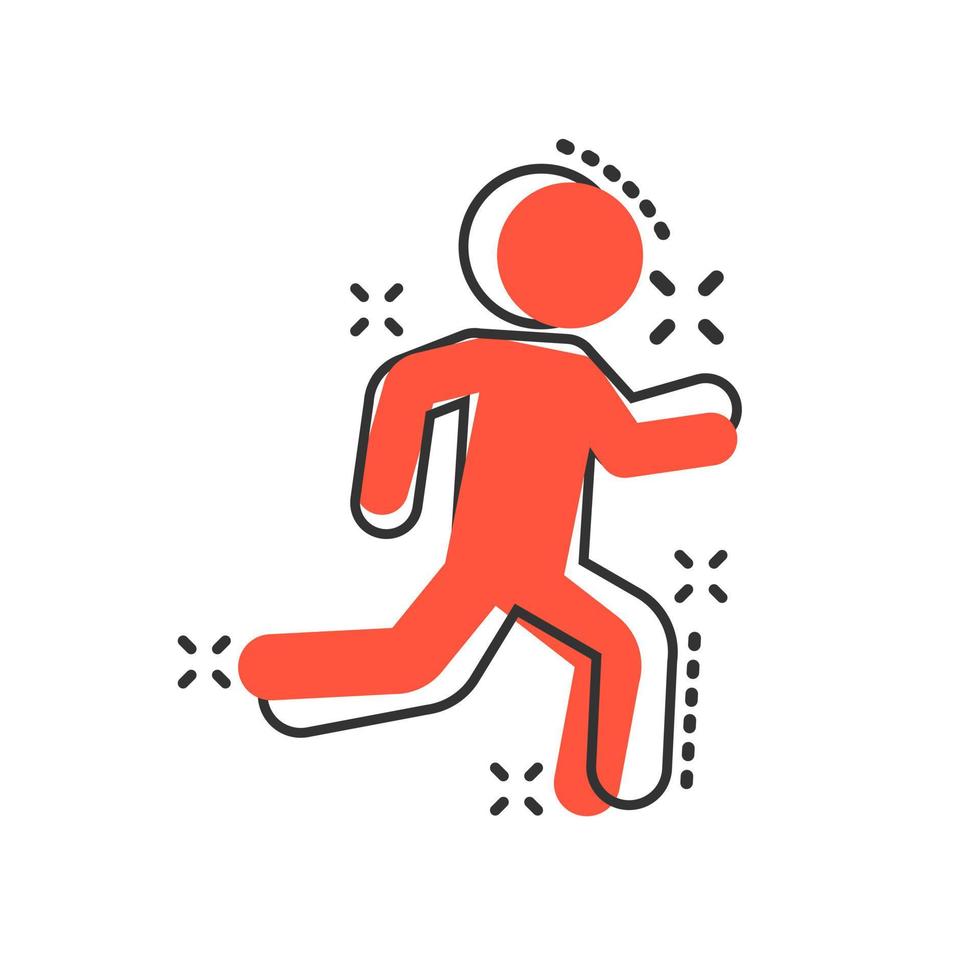 Running people sign icon in comic style. Run silhouette vector cartoon illustration on white isolated background. Motion jogging business concept splash effect.