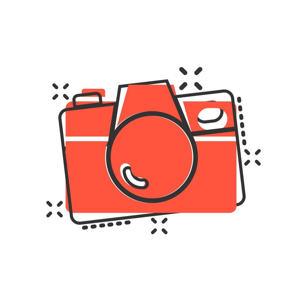 Camera device sign icon in comic style. Photography vector cartoon illustration on white isolated background. Cam equipment business concept splash effect.
