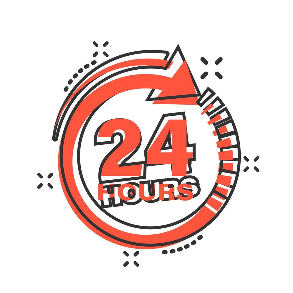 24 hours clock sign icon in comic style. Twenty four hour open vector cartoon illustration on white isolated background. Timetable business concept splash effect.