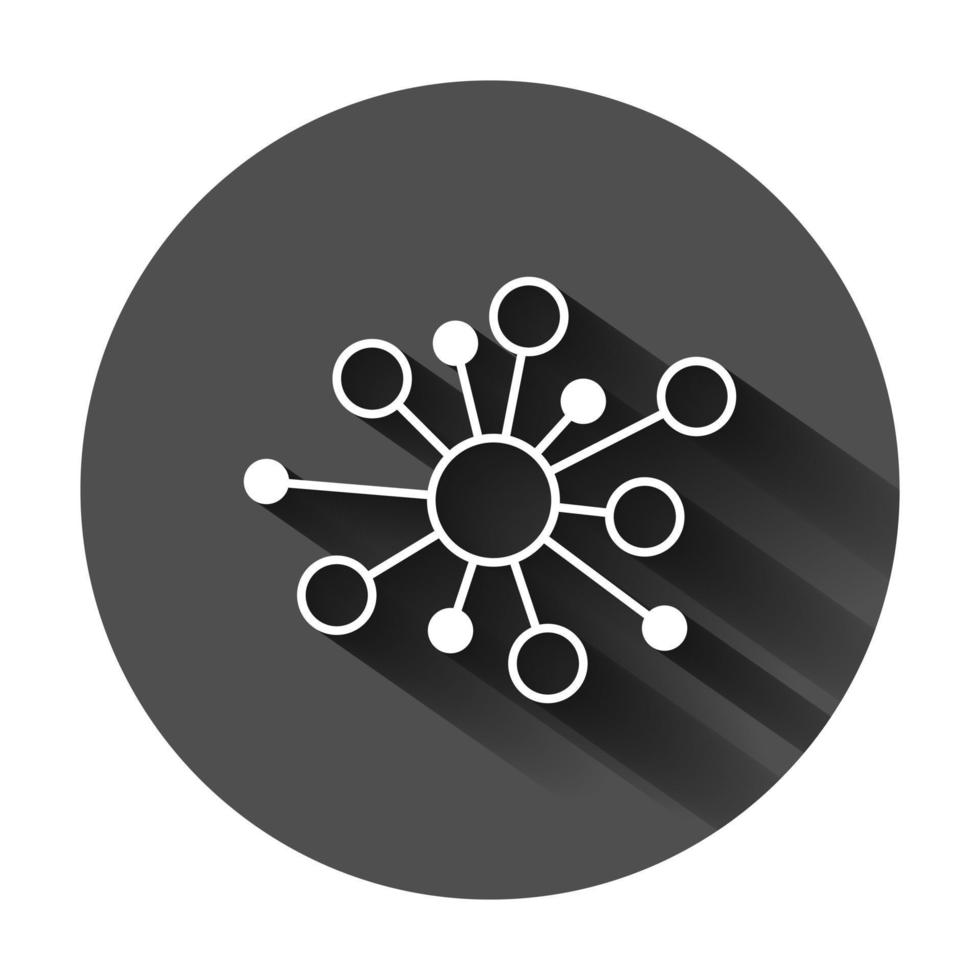 Hub network connection sign icon in flat style. Dna molecule vector illustration on black round background with long shadow. Atom business concept.