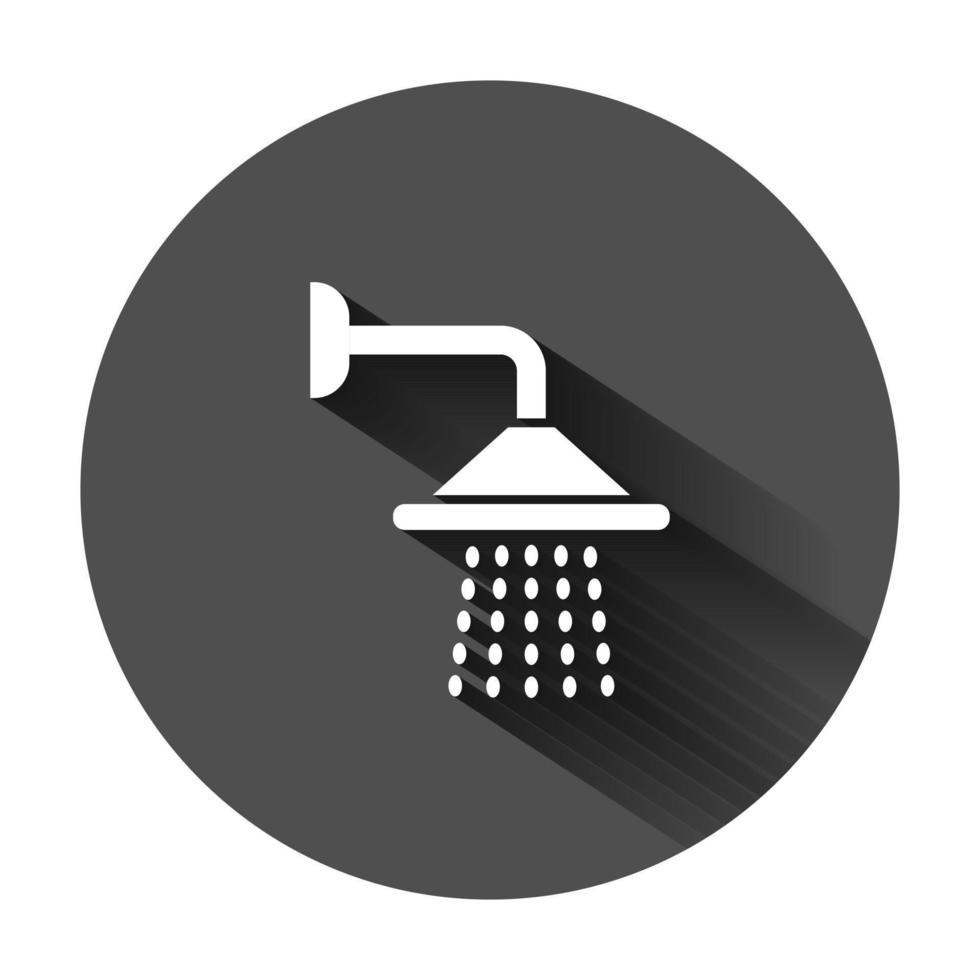 Shower sign icon in flat style. Bathroom water device vector illustration on black round background with long shadow. Wash business concept.