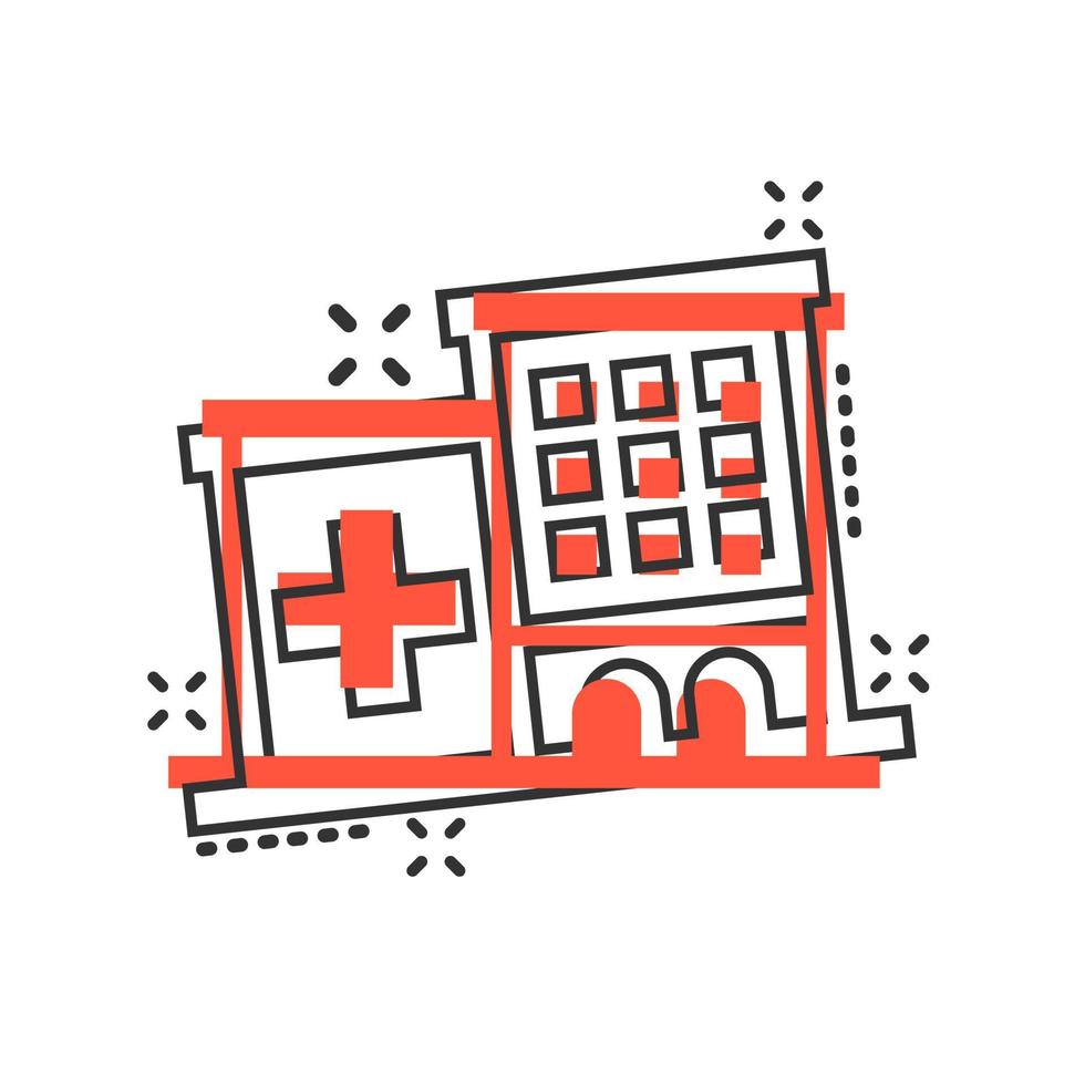 icono del edificio del hospital en estilo cómico. ilustración de dibujos animados de vector de enfermería sobre fondo blanco aislado. efecto de salpicadura de concepto de negocio de ambulancia médica.