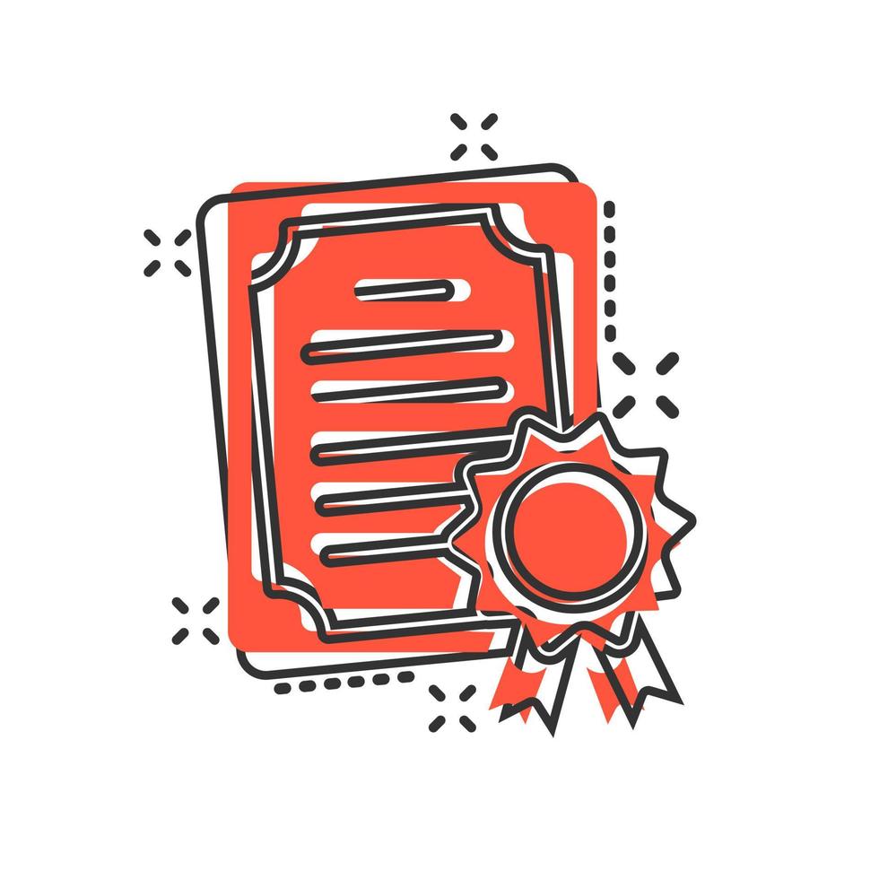 Certificate icon in comic style. License badge vector cartoon illustration on white isolated background. Winner medal splash effect business concept.