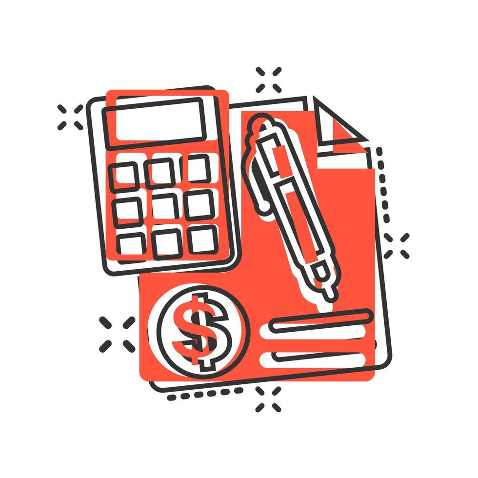 Money calculation icon in comic style. Budget banking vector cartoon illustration on white isolated background. Financial payment splash effect business concept.