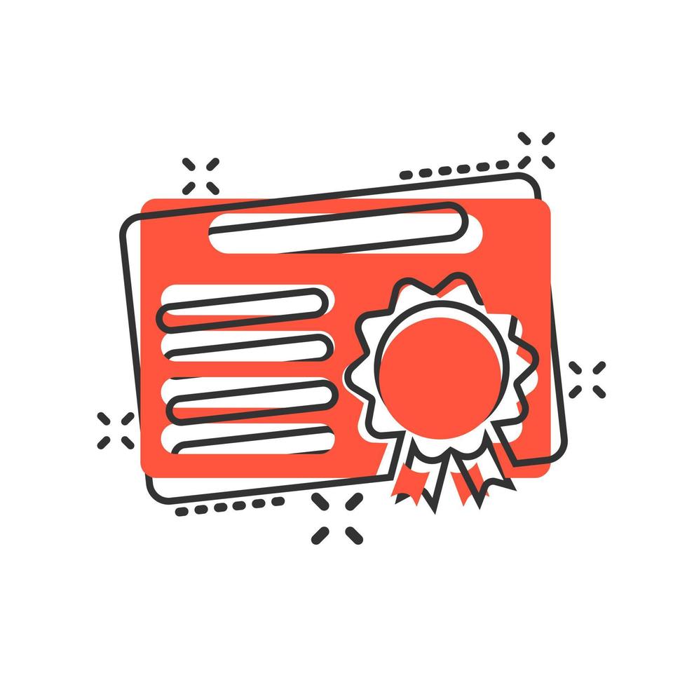Certificate icon in comic style. License badge vector cartoon illustration on white isolated background. Winner medal splash effect business concept.
