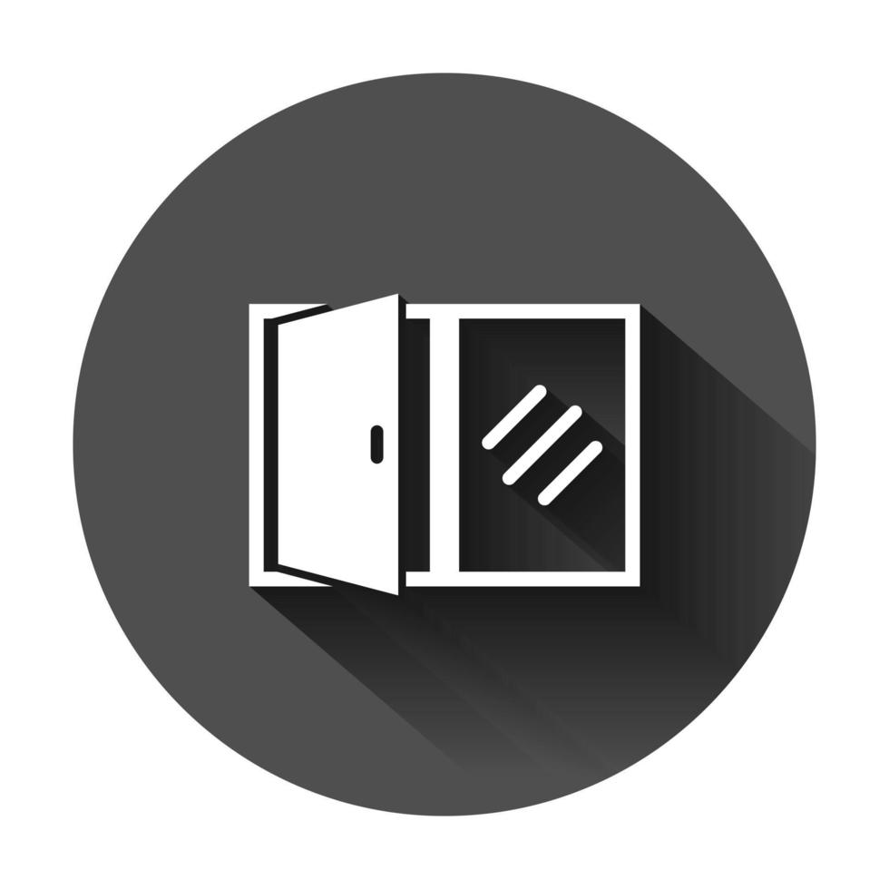 Window icon in flat style. Exterior frame vector illustration on black round background with long shadow. Showcase business concept.