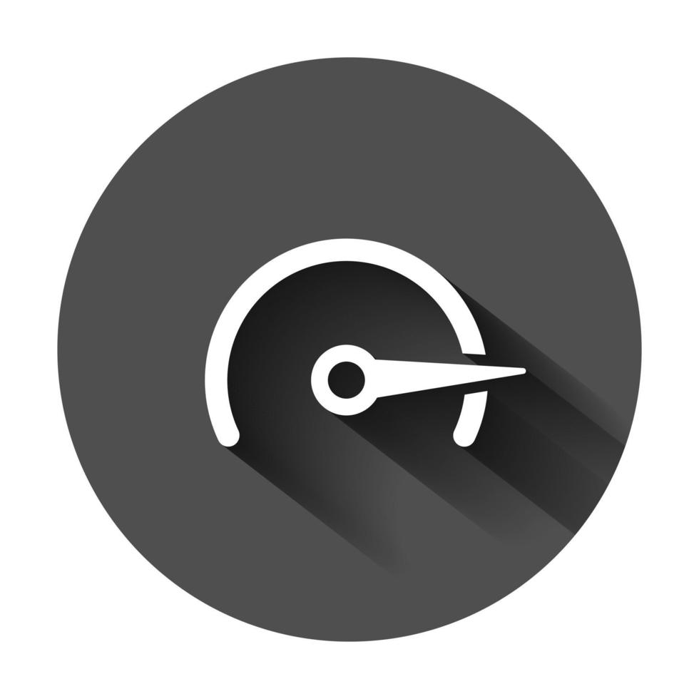 Speedometer level sign icon in flat style. Accelerate vector illustration on black round background with long shadow. Motion tachometer business concept.