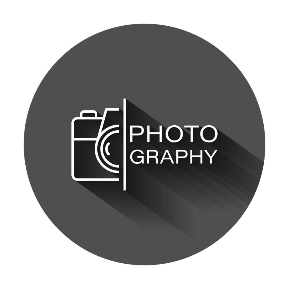 Camera device sign icon in flat style. Photography vector illustration on black round background with long shadow. Cam equipment business concept.