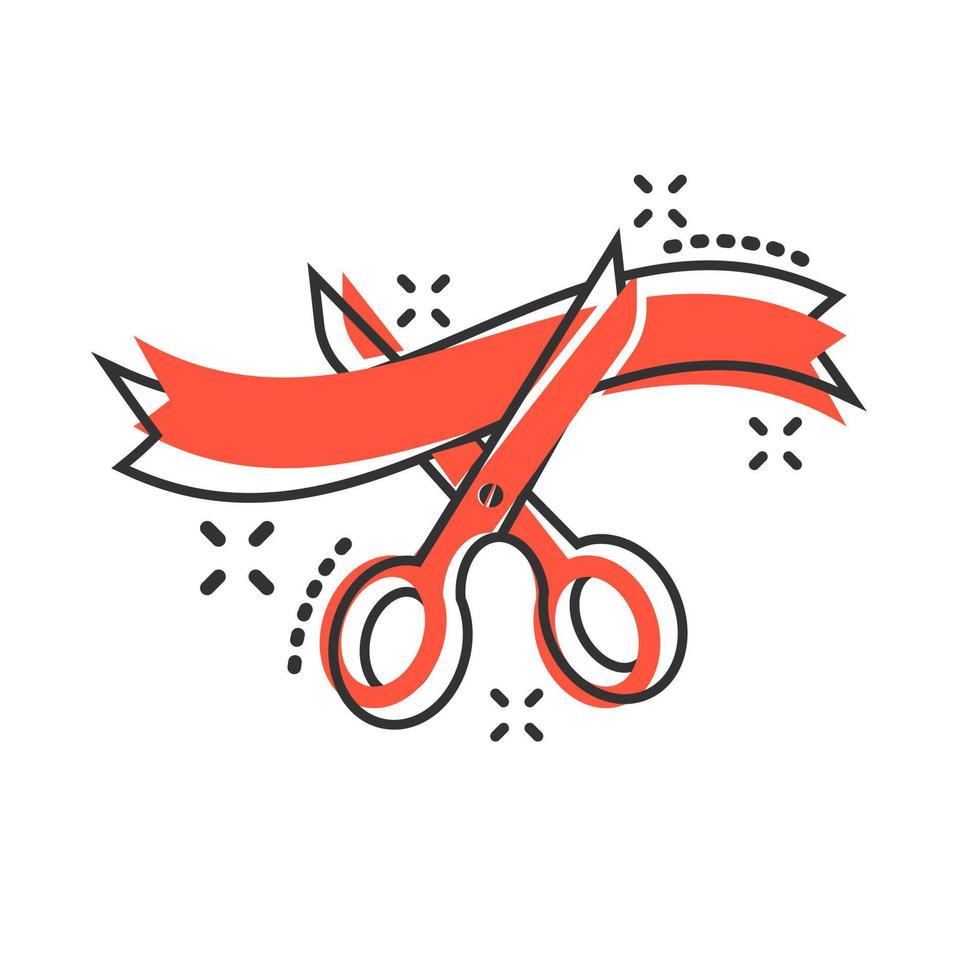 Scissors icon in comic style. Cutting ribbon vector cartoon illustration on white isolated background. Ceremonial business concept splash effect.