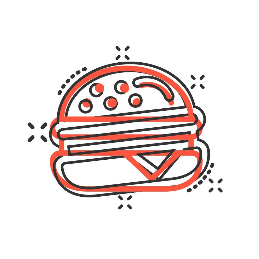 Burger sign icon in comic style. Hamburger vector cartoon illustration on white isolated background. Cheeseburger business concept splash effect.