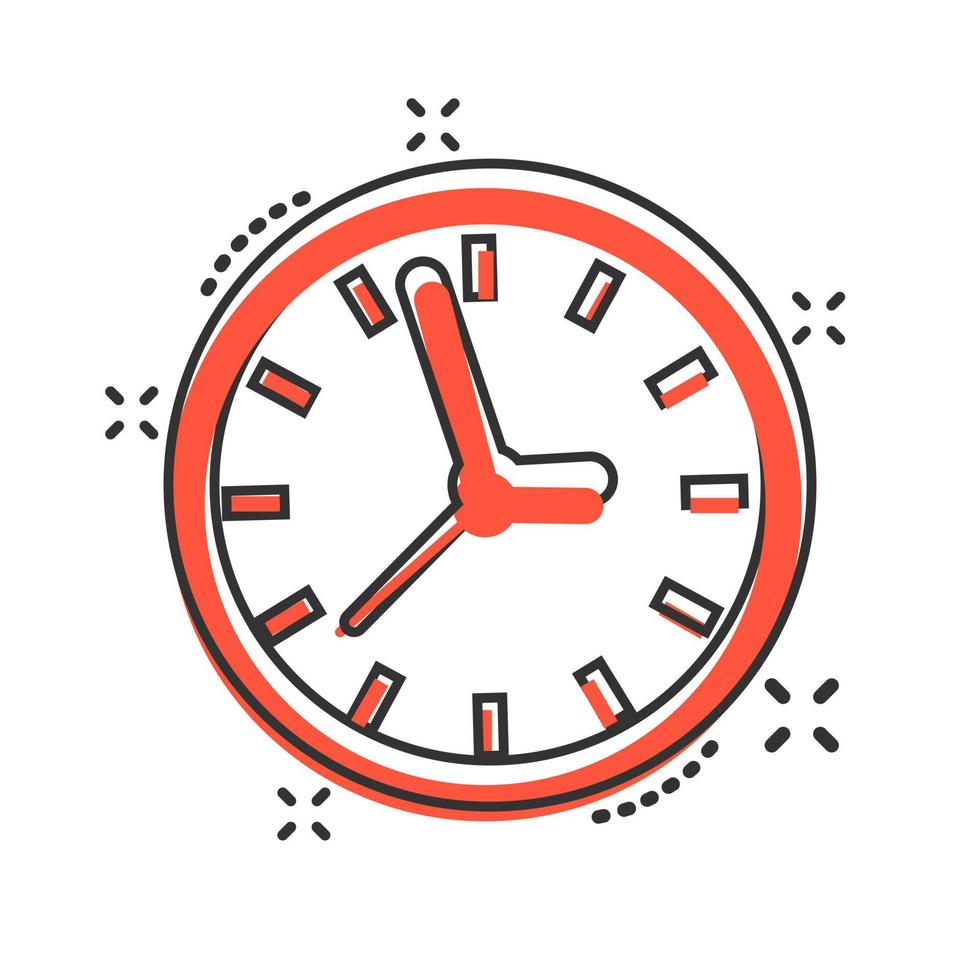 icono de signo de reloj en estilo cómico. ilustración de dibujos animados de vector de gestión de tiempo sobre fondo blanco aislado. efecto de salpicadura de concepto de negocio de temporizador.