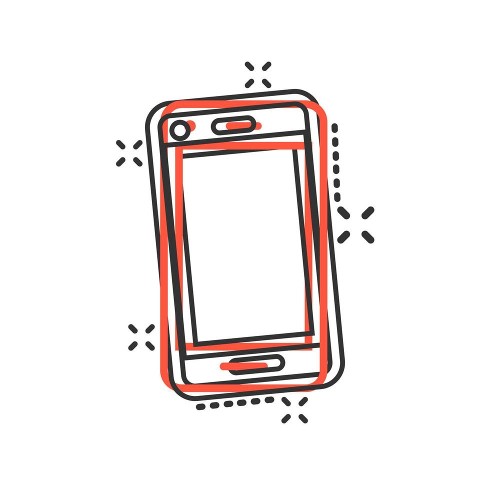 icono de signo de dispositivo de teléfono en estilo cómico. ilustración de dibujos animados de vector de teléfono inteligente sobre fondo blanco aislado. efecto de salpicadura del concepto de negocio telefónico.