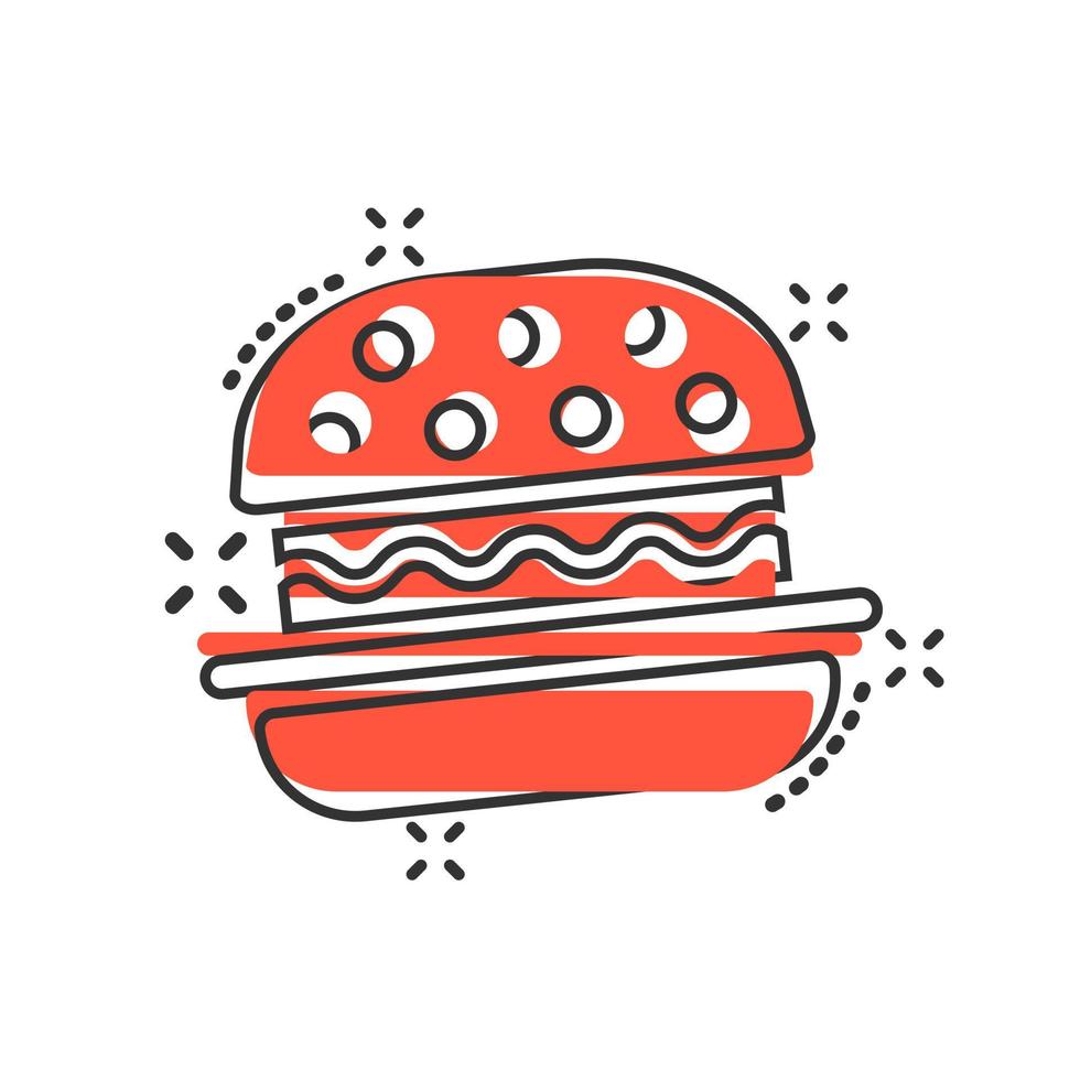 icono de signo de hamburguesa en estilo cómico. ilustración de dibujos animados de vector de hamburguesa sobre fondo blanco aislado. efecto de salpicadura de concepto de negocio de hamburguesa con queso.