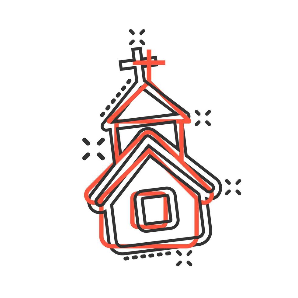 Church icon in comic style. Chapel vector cartoon illustration on white isolated background. Religious building business concept splash effect.