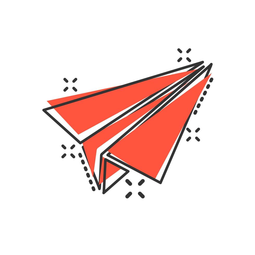 Paper airplane icon in comic style. Plane vector cartoon illustration on white isolated background. Air flight business concept splash effect.
