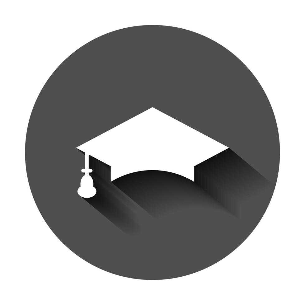 Graduation cap icon in flat style. Education hat vector illustration on black round background with long shadow. University bachelor business concept.