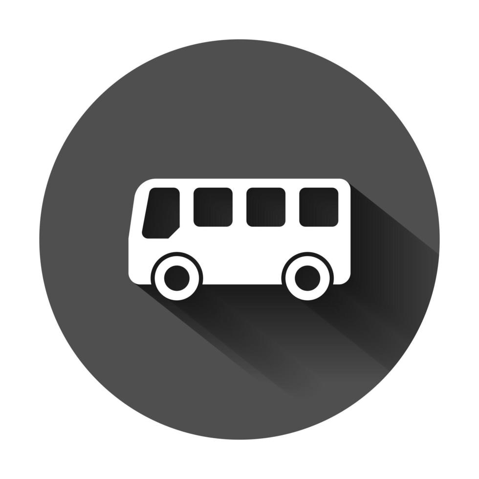 School bus icon in flat style. Autobus vector illustration on black round background with long shadow. Coach transport business concept.