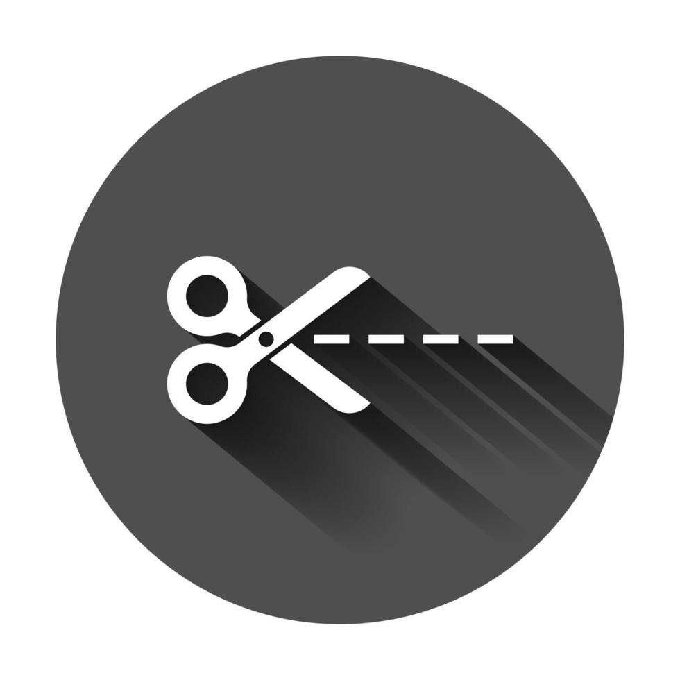 Cut lines icon in flat style. Scissors snip vector illustration on black round background with long shadow.