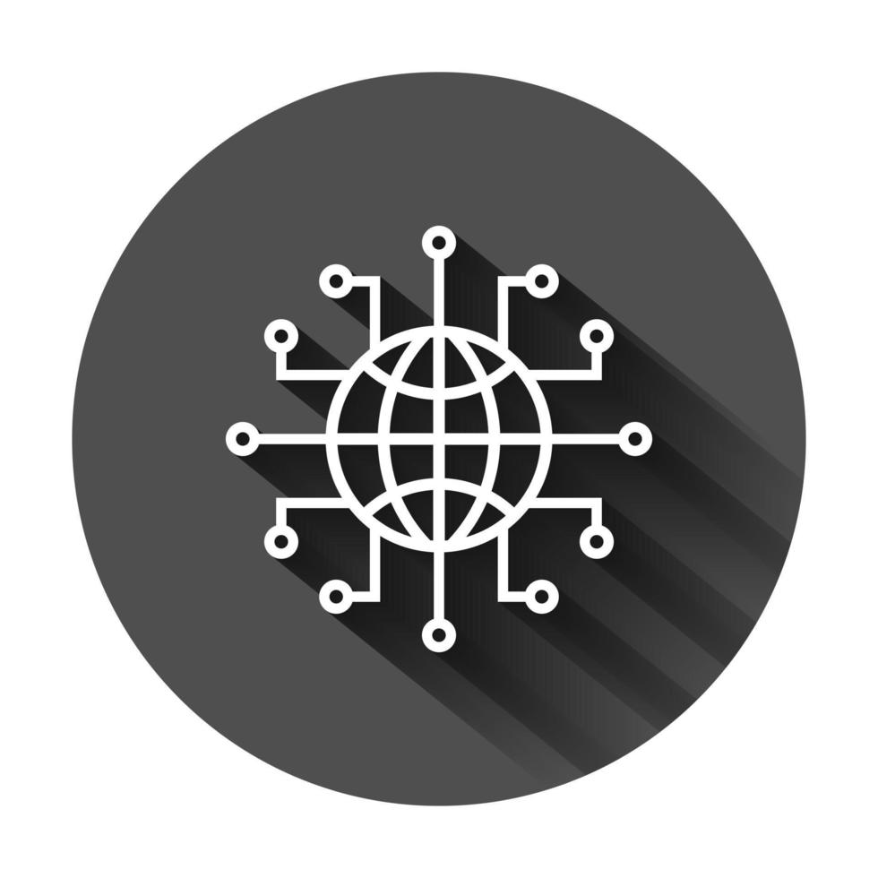 global red icono en plano estilo. ciber mundo vector ilustración en negro redondo antecedentes con largo sombra. tierra negocio concepto.