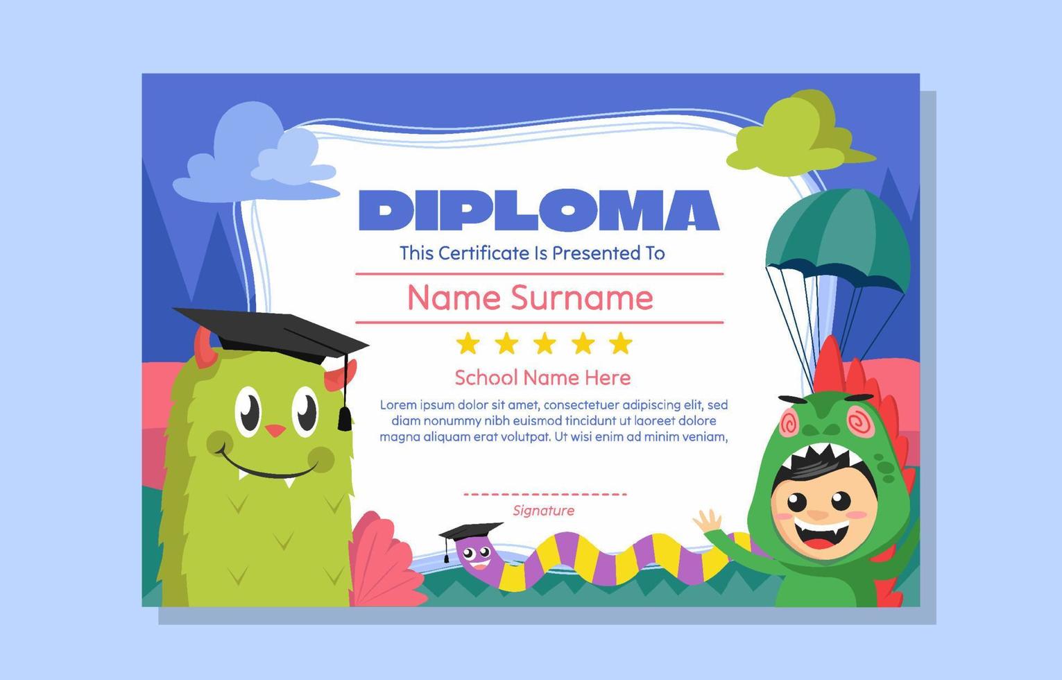Colorful Graduation Certificate With Smiling Monster And Funny Dino Boy vector