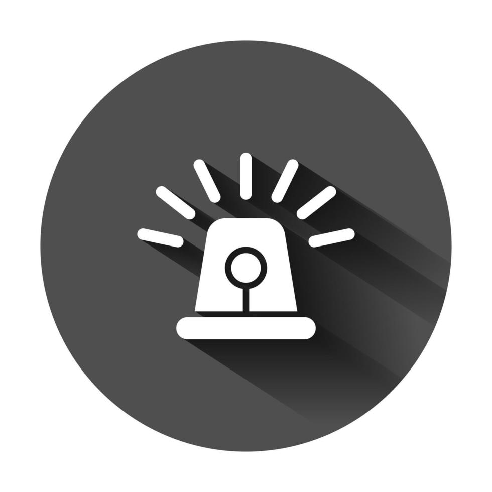 Emergency siren icon in flat style. Police alarm vector illustration on black round background with long shadow. Medical alert business concept.