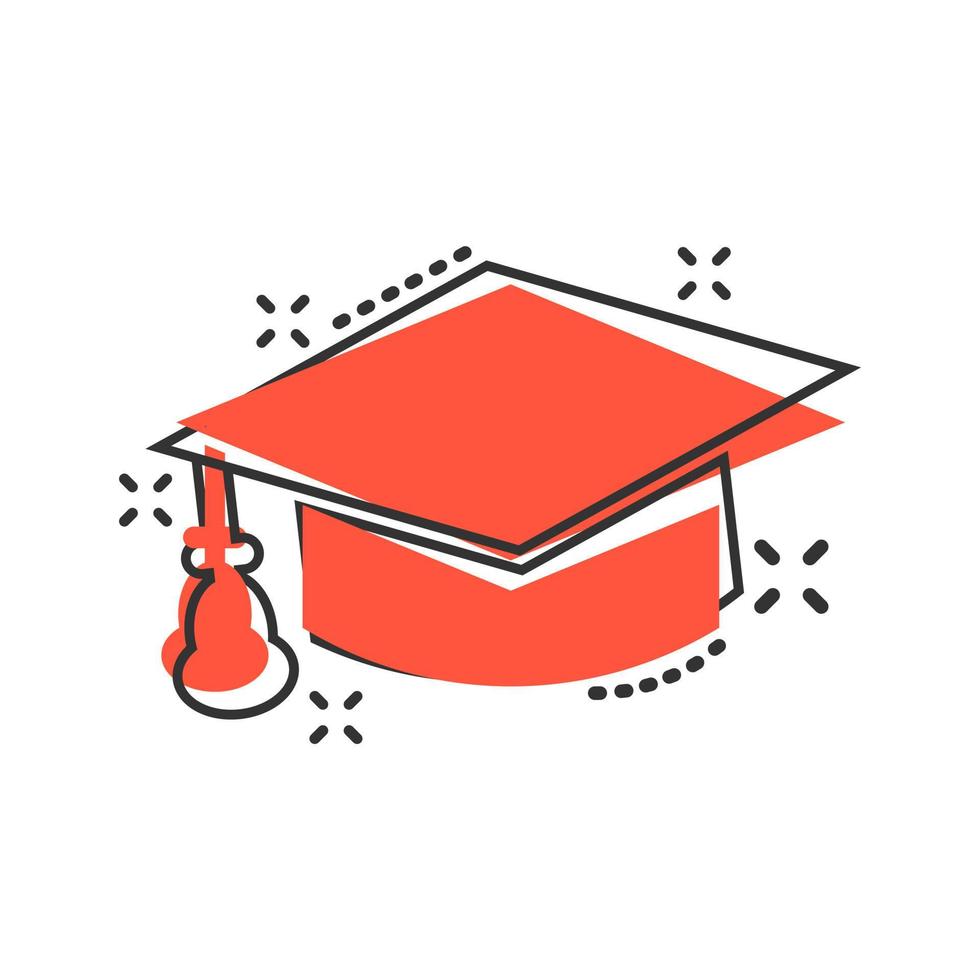 Graduation cap icon in comic style. Education hat vector cartoon illustration on white isolated background. University bachelor business concept splash effect.