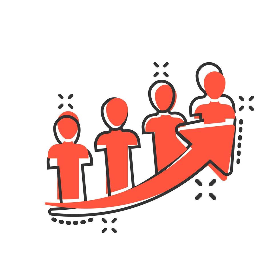 Performance icon in comic style. Career vector cartoon illustration on white isolated background. People with arrow business concept splash effect.