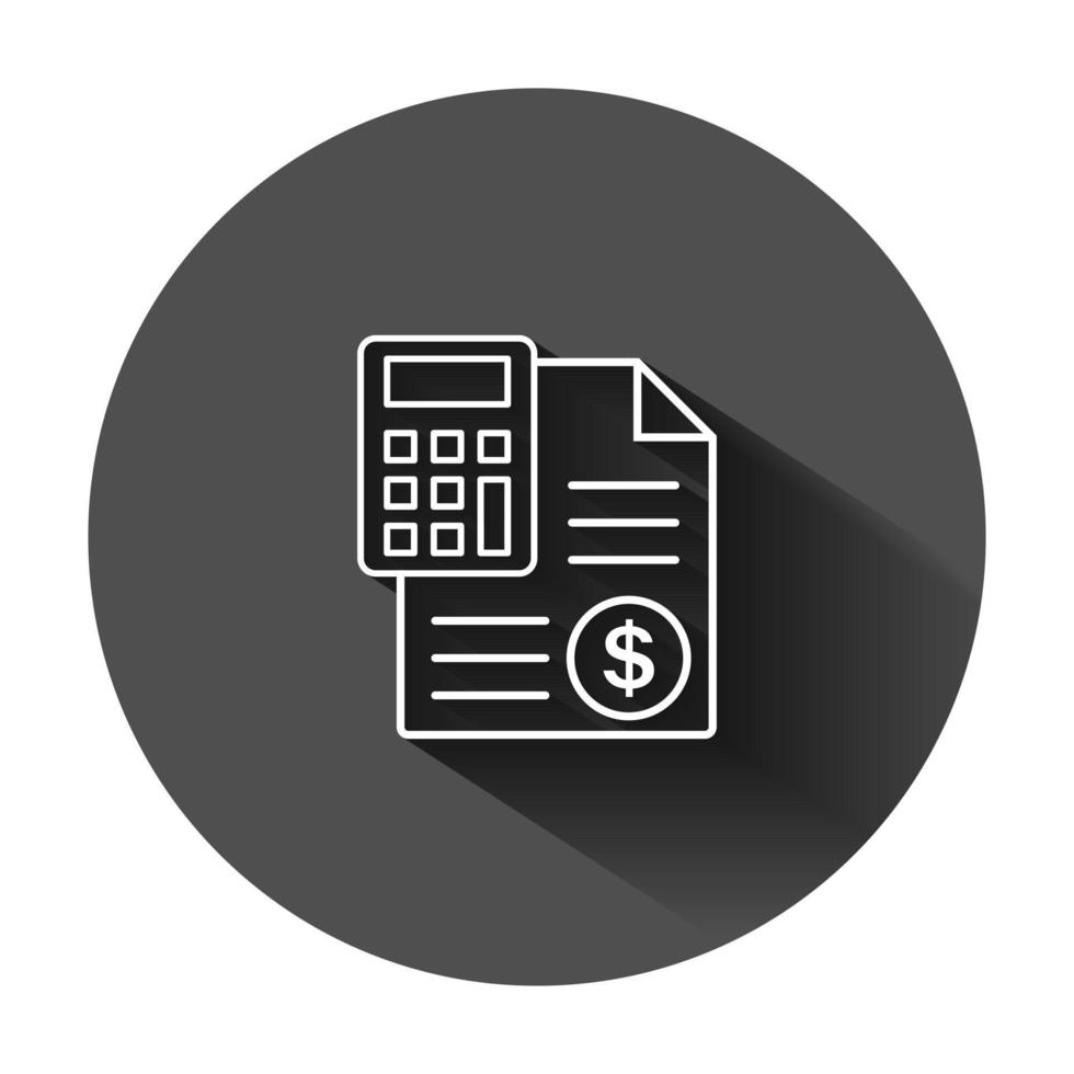 Money calculation icon in flat style. Budget banking vector illustration on black round background with long shadow. Financial payment business concept.