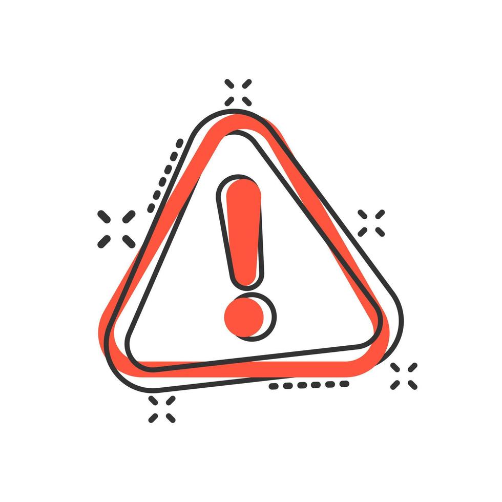 Exclamation mark icon in comic style. Danger alarm vector cartoon illustration on white isolated background. Caution risk business concept splash effect.