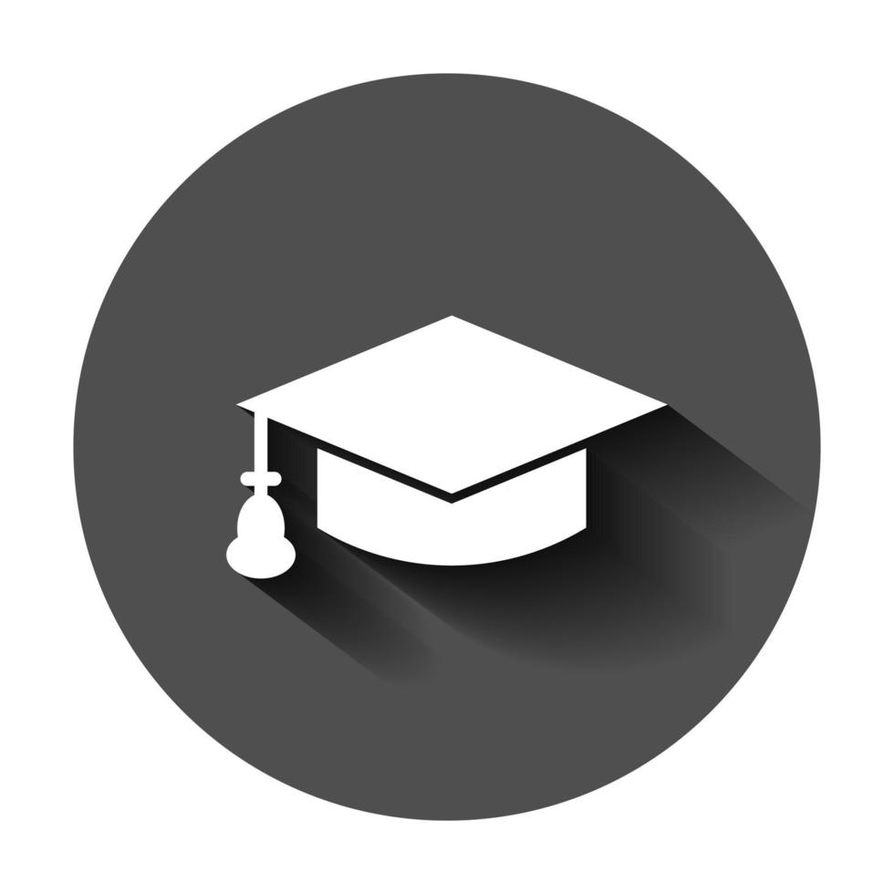 Graduation cap icon in flat style. Education hat vector illustration on black round background with long shadow. University bachelor business concept.