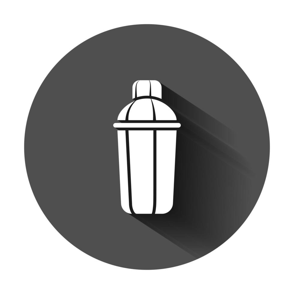 Shaker icon in flat style. Sport bottle vector illustration on black round background with long shadow. Fitness container business concept.