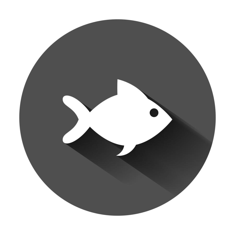 Fish sign icon in flat style. Goldfish vector illustration on black round background with long shadow. Seafood business concept.