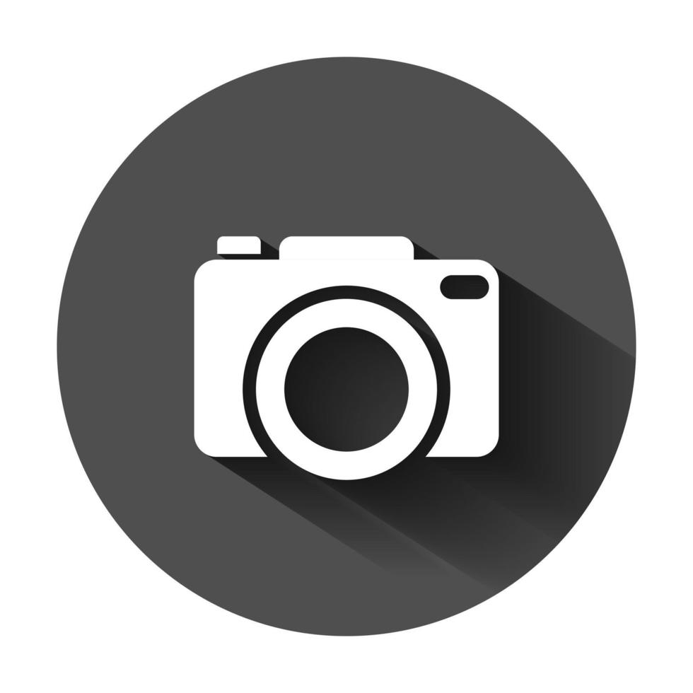 Camera device sign icon in flat style. Photography vector illustration on black round background with long shadow. Cam equipment business concept.