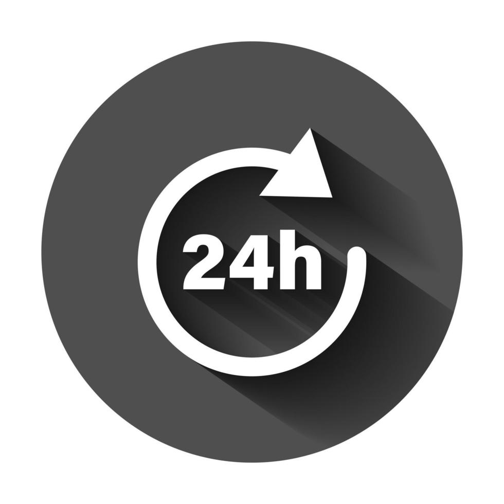 24 hours clock sign icon in flat style. Twenty four hour open vector illustration on black round background with long shadow. Timetable business concept.