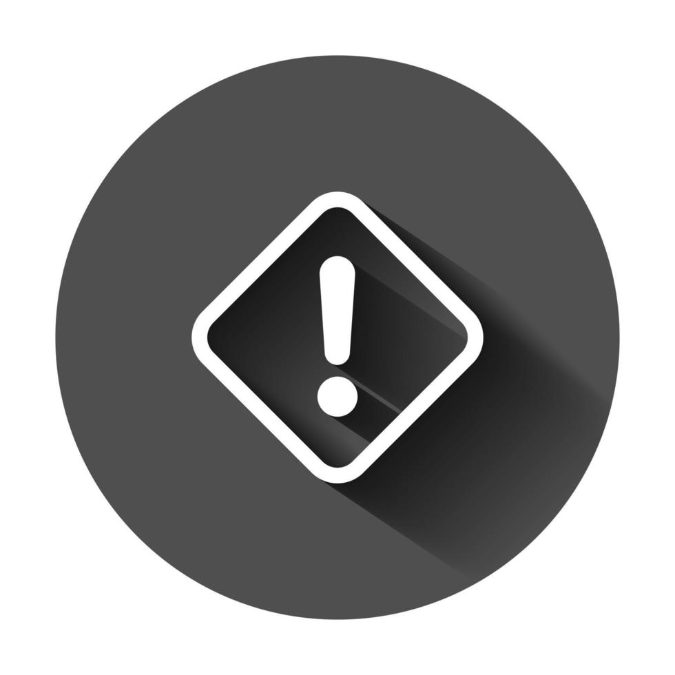 Exclamation mark icon in flat style. Danger alarm vector illustration on black round background with long shadow. Caution risk business concept.