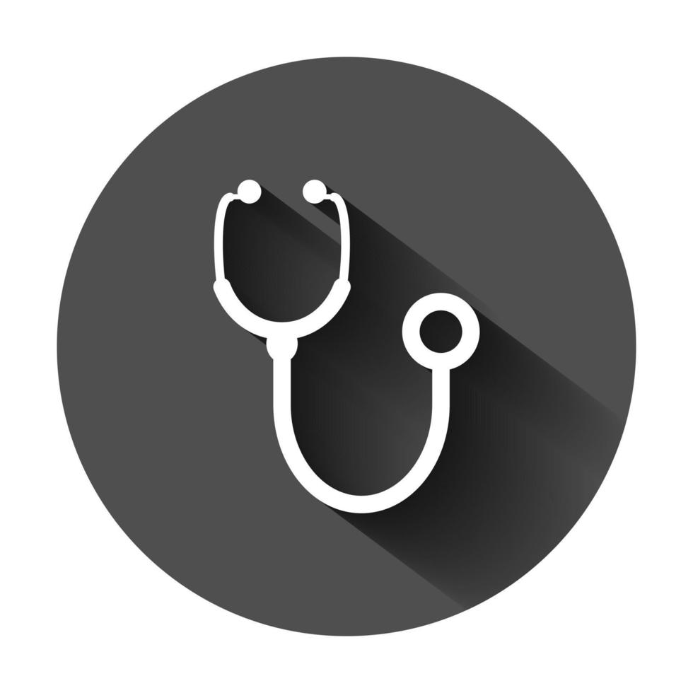 Stethoscope sign icon in flat style. Doctor medical vector illustration on black round background with long shadow. Hospital business concept.