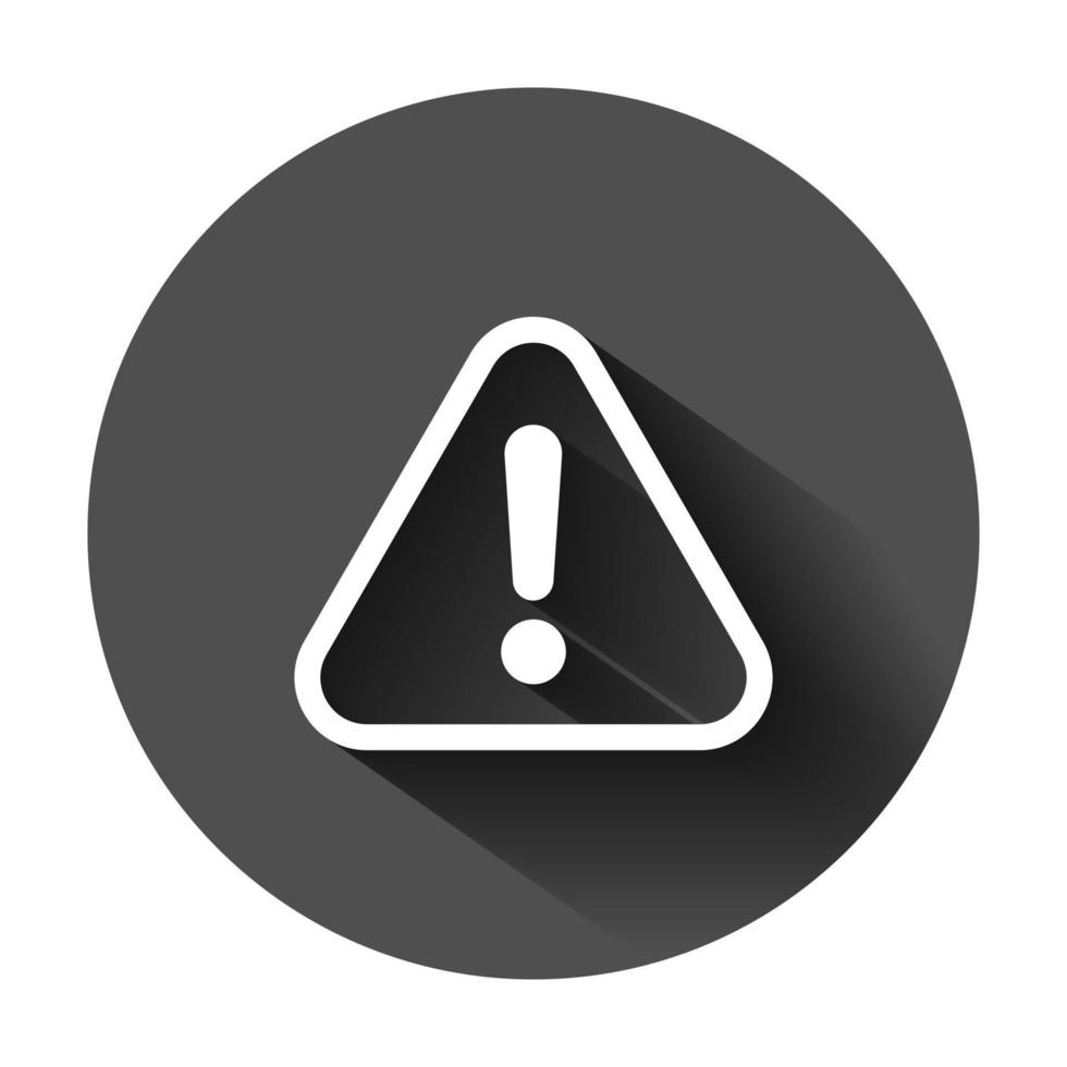 Exclamation mark icon in flat style. Danger alarm vector illustration on black round background with long shadow. Caution risk business concept.