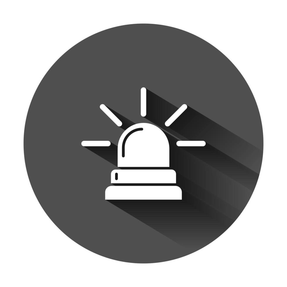 Emergency siren icon in flat style. Police alarm vector illustration on black round background with long shadow. Medical alert business concept.
