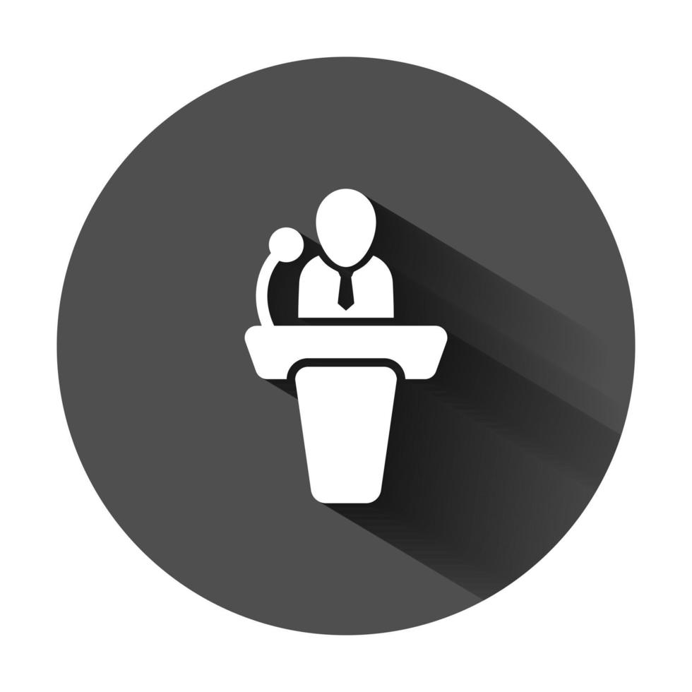 Public speach icon in flat style. Podium conference vector illustration on black round background with long shadow. Tribune debate business concept.