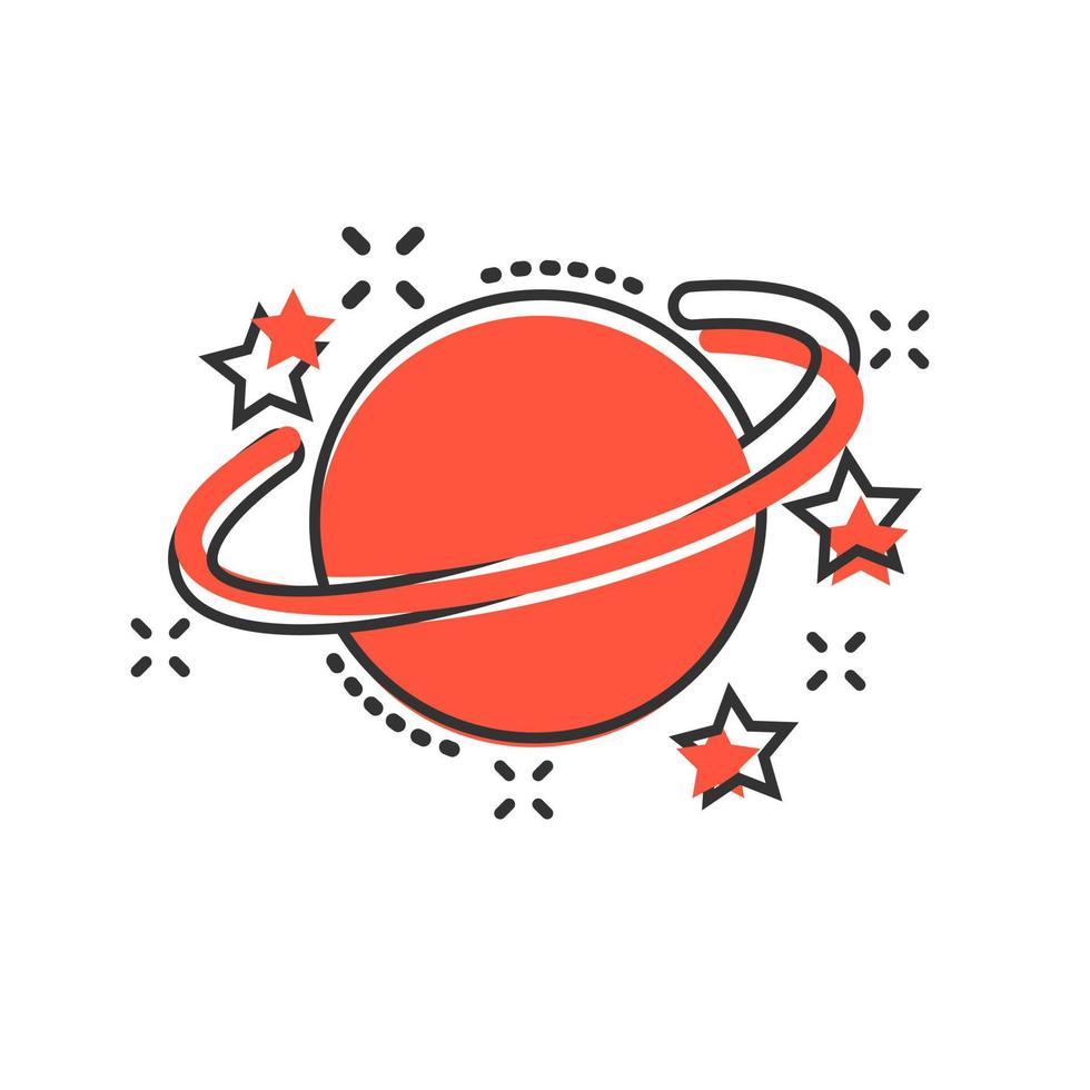 Saturn icon in comic style. Planet vector cartoon illustration on white isolated background. Galaxy space business concept splash effect.