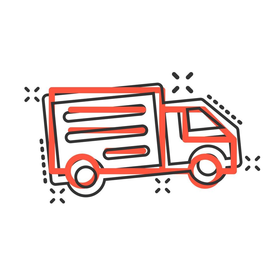 Delivery truck sign icon in comic style. Van vector cartoon illustration on white isolated background. Cargo car business concept splash effect.