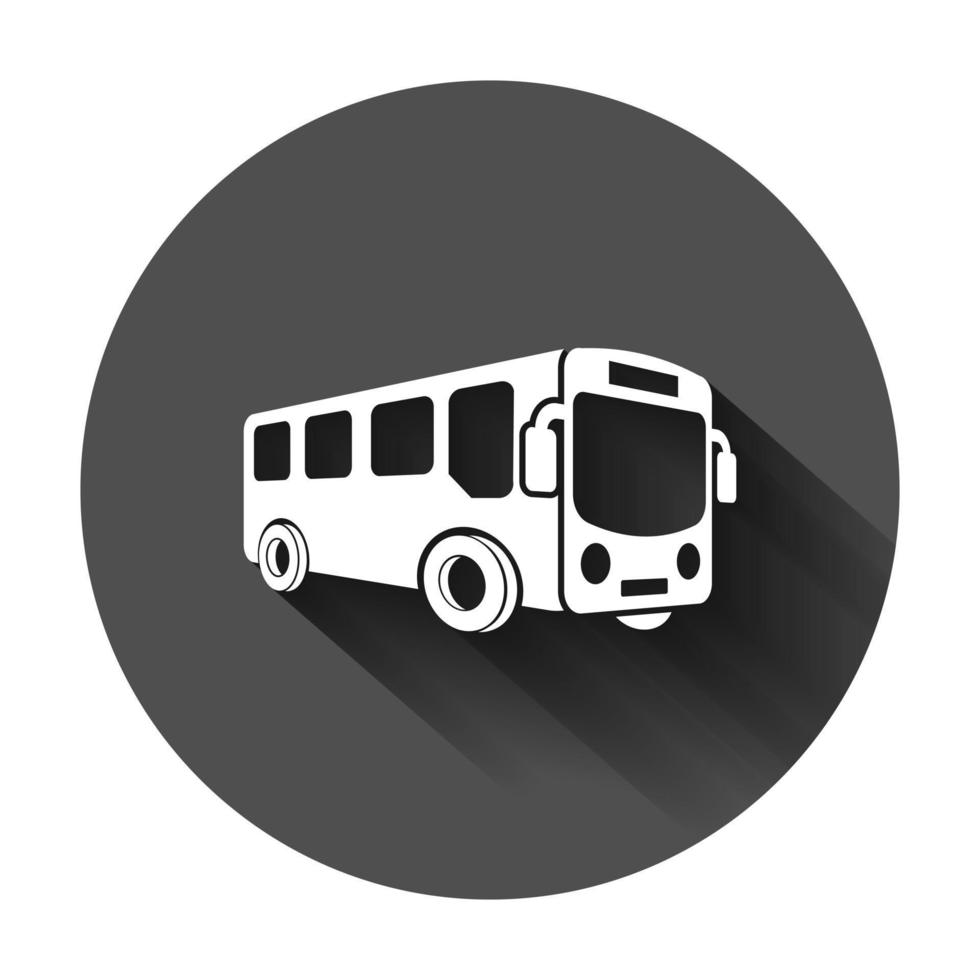 School bus icon in flat style. Autobus vector illustration on black round background with long shadow. Coach transport business concept.