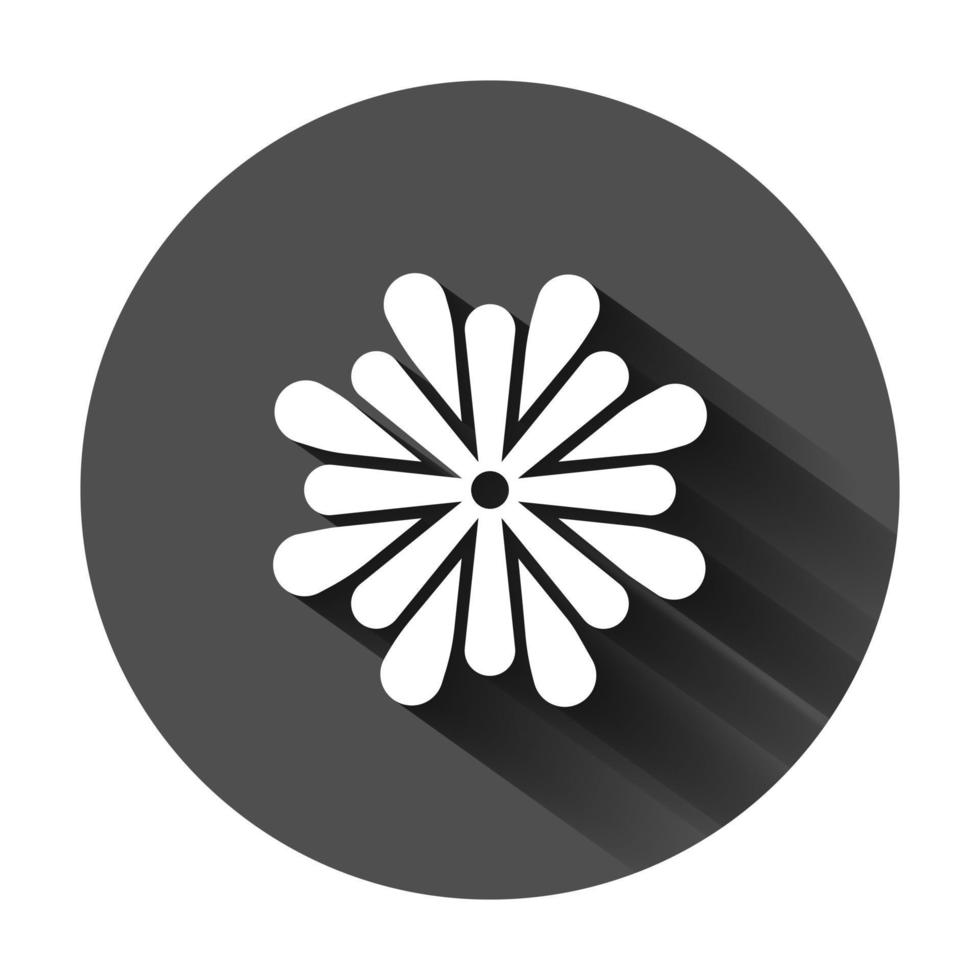 Flower leaf icon in flat style. Magnolia, dahlia vector illustration on black round background with long shadow. Plant blossom business concept.