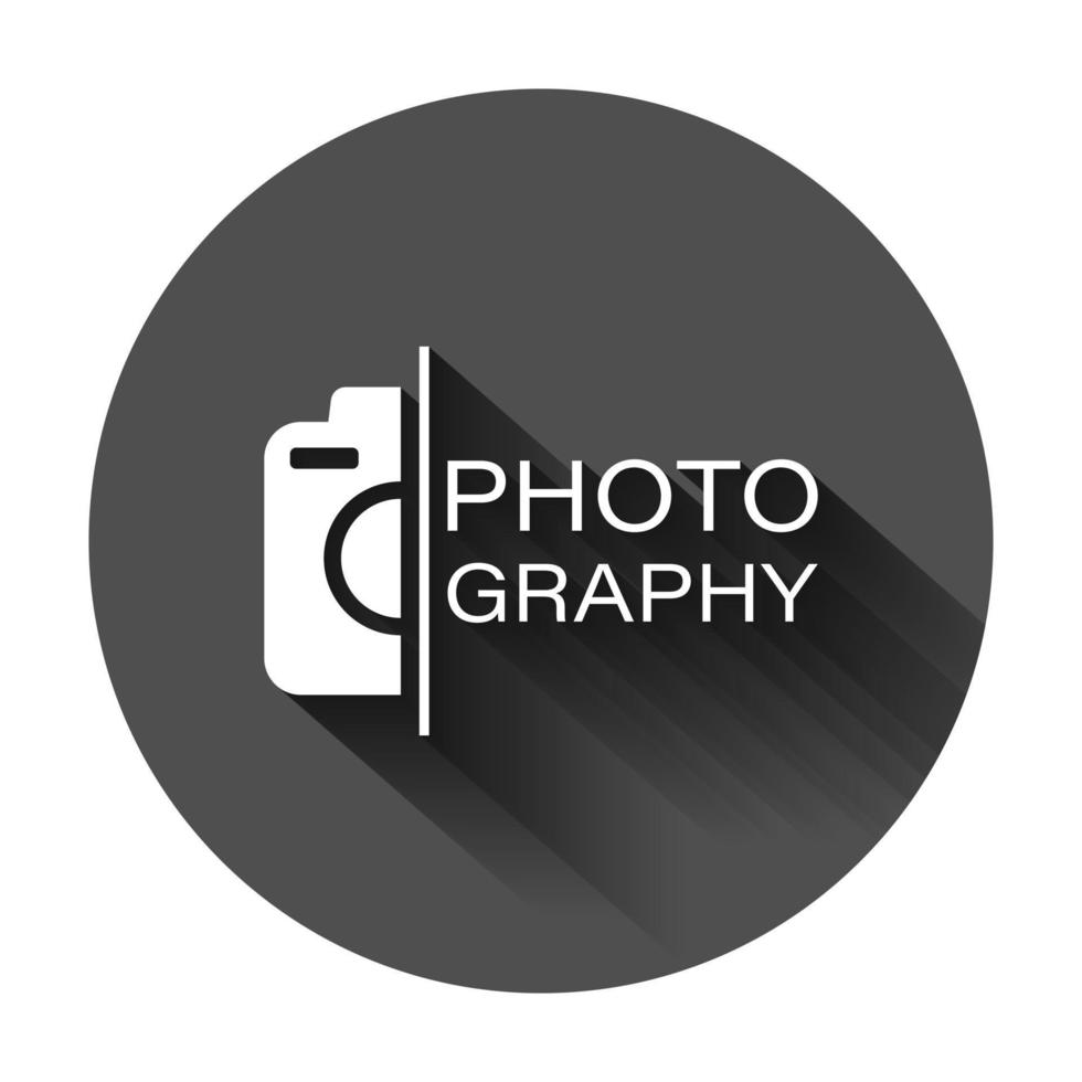 Camera device sign icon in flat style. Photography vector illustration on black round background with long shadow. Cam equipment business concept.