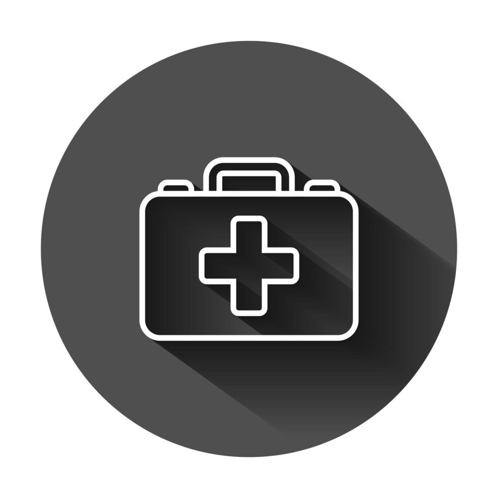 First aid kit icon in flat style. Health, help and medical diagnostics vector illustration on black round background with long shadow. Doctor bag business concept.