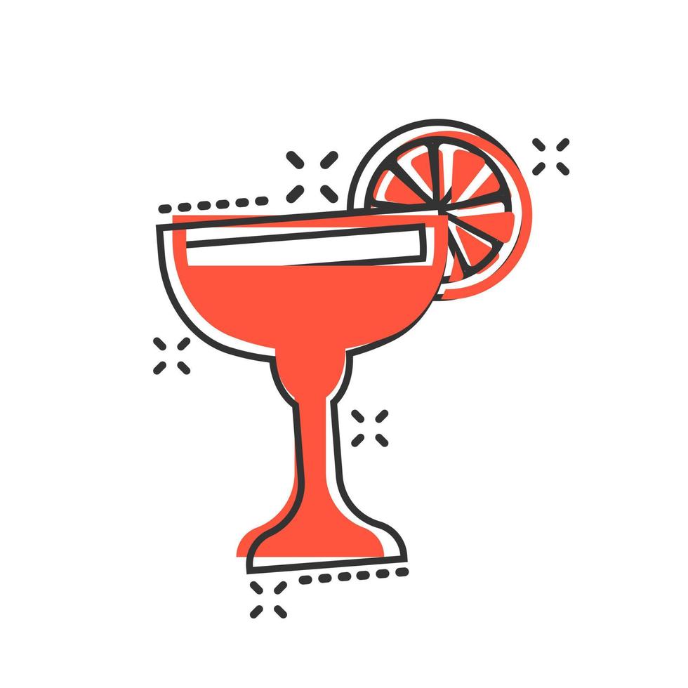 icono de cóctel de alcohol en estilo cómico. beber vidrio vector ilustración de dibujos animados sobre fondo blanco aislado. efecto de salpicadura del concepto de negocio líquido martini.