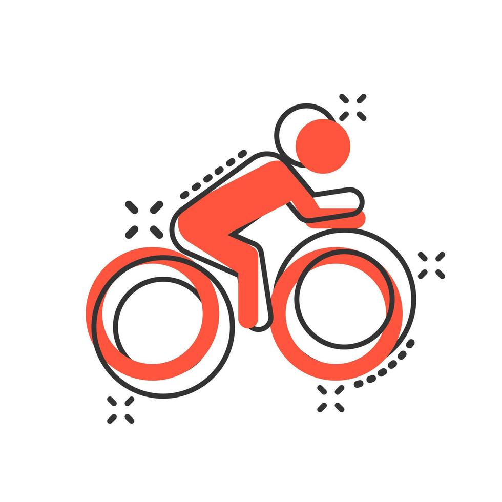 People on bicycle sign icon in comic style. Bike vector cartoon illustration on white isolated background. Men cycling business concept splash effect.